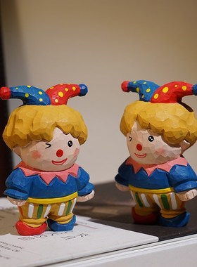 可爱小丑手工木雕小摆件卡通治愈系稳定情绪办公书桌面.装饰品礼