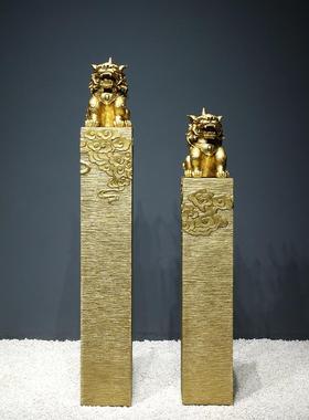 新中式摆件入户门玄关装饰栓马柱金色招财貔貅一对麒麟拴马桩立柱