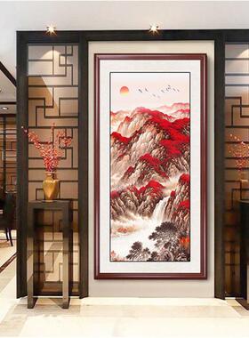 迎客松国画成品新中式山水画入户玄关装饰画竖版走廊过道实木挂画