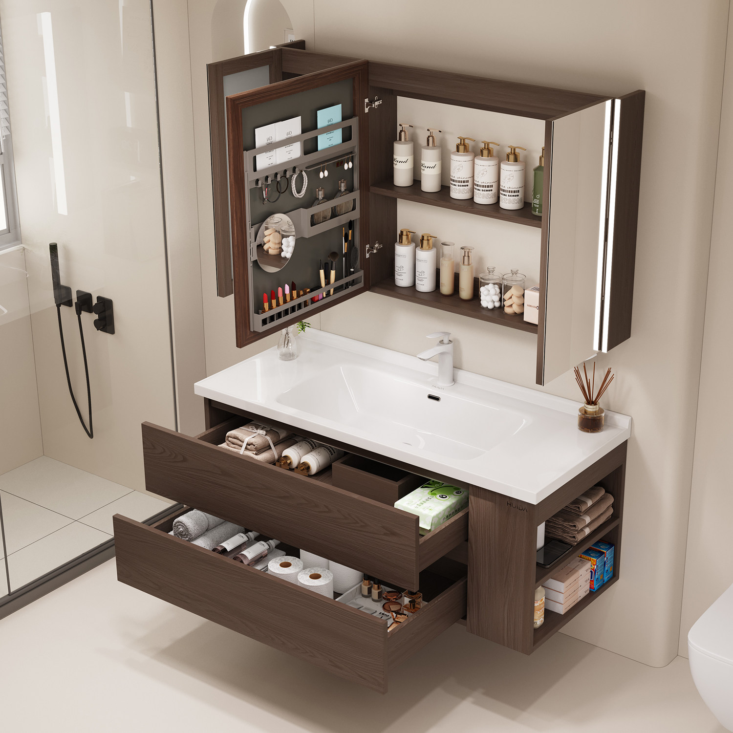 惠达蜂窝铝中古风浴室柜陶瓷一体盆洗手脸盆柜组合洗漱台侧边收纳,淘宝优惠券,粉丝福利购,淘宝优惠卷