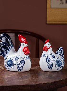 中式风陶瓷青花鸡走心的小礼物创意动物装饰工艺品客厅电视柜摆件