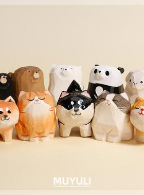 手工木雕小狗小猫咪摆件哈士奇二哈布偶治愈情绪摆件工位电脑摆件