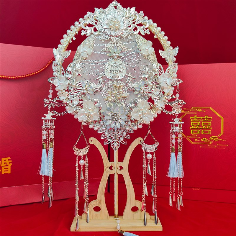 中式婚礼明制手捧花红色出嫁接亲秀禾扇新娘双O面喜扇结婚diy团扇 - 图3