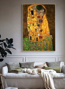 克里姆特吻抽象艺术装饰r画金色酒店玄关走廊挂画卧室浪漫复古壁