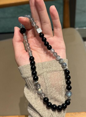 天然黑曜石灰月光水晶手串双圈手链时尚高级小众款送朋友礼物代发