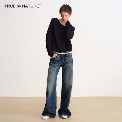 TRUE by NATURE 蓝色复古洗水低腰直筒宽松做旧磨破长款牛仔裤 - 图1