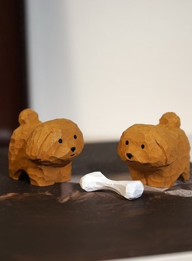 中大奖的泰迪手工木雕小摆件迷你可爱动物狗狗办公桌面装饰品