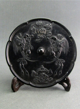 优选仿古青铜器黑漆古铜镜唐镜艺术古玩摆件水坑高锡装饰镜海兽葡
