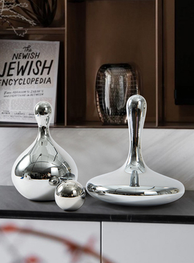 极简轻奢玻璃水滴保龄球造v型茶几摆件客厅电视柜玄关银色软装饰