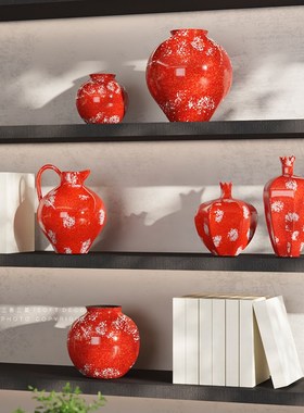 新中式窑变雪红霁红釉陶瓷花瓶插花器宋代美学中古客厅装饰品摆件