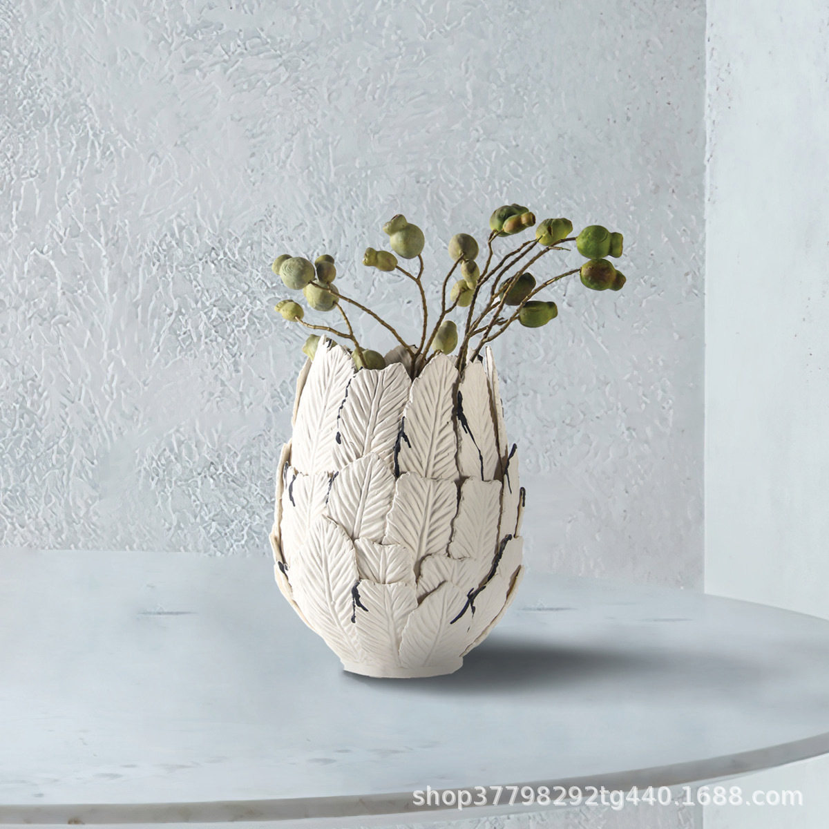轻奢现代极简树叶羽毛拼接镂空陶瓷花器花瓶摆件样板间玄关装饰品,淘宝优惠券,粉丝福利购,淘宝优惠卷