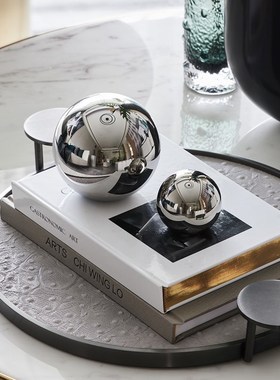 现代极简轻奢银色不锈钢色水晶几何球体装饰品摆件家具样板间软装