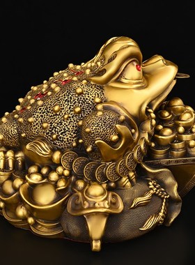 黄铜金蟾摆件三足蟾蜍聚宝盆元宝日进斗金蟾办公室店铺开业礼品