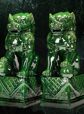 优选博艺萱 唐三彩陶瓷狮子摆件一对红色风水招财家居门口装饰品