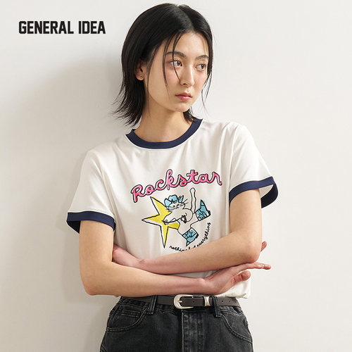GENERAL IDEA BY BUMSUK 韩国正品 拼头猫接撞色短袖T恤趣味印花 - 图0