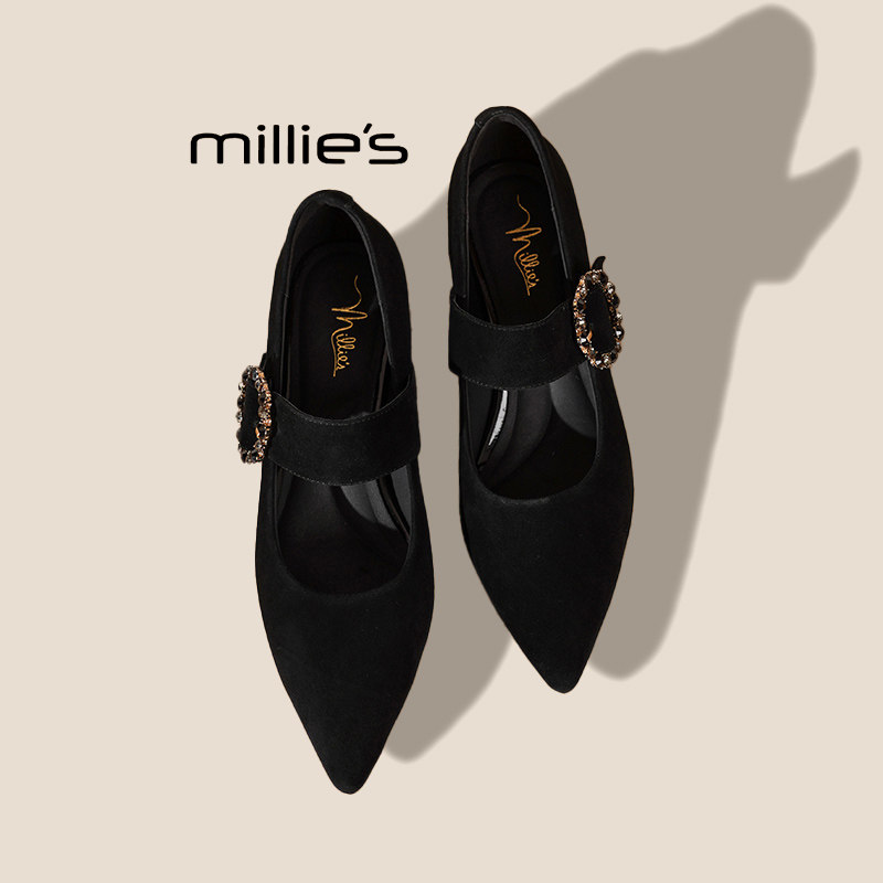 MILLIE'S/妙丽玛丽珍单鞋女粗跟尖头复古高跟鞋女浅口百搭四季鞋,淘宝优惠券,粉丝福利购,淘宝优惠卷