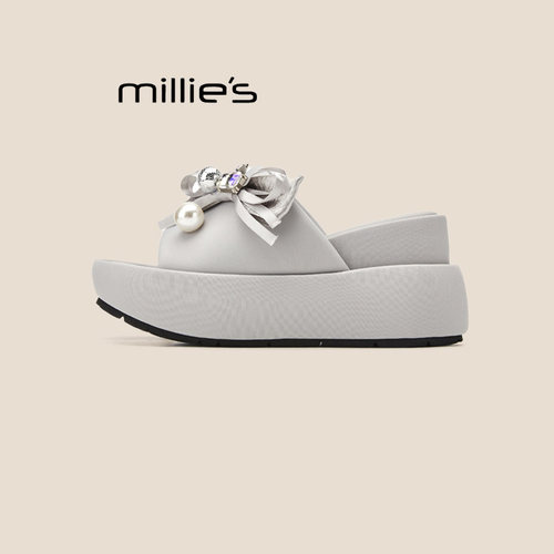 MILLIE'S/妙丽2025夏新款一字方头拖鞋女夏季外穿厚底增高凉拖鞋 - 图2