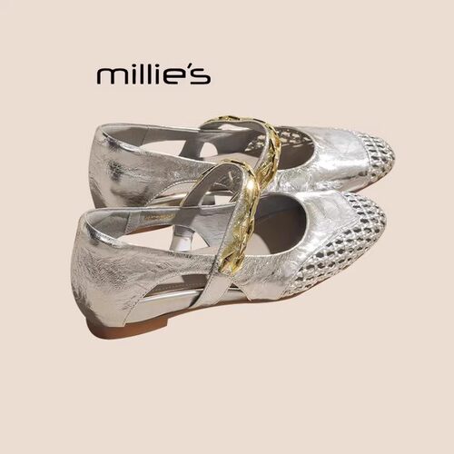 MILLIE'S/妙丽法式单鞋女新款夏季镂空编织银色方头低跟粗跟凉鞋P - 图0