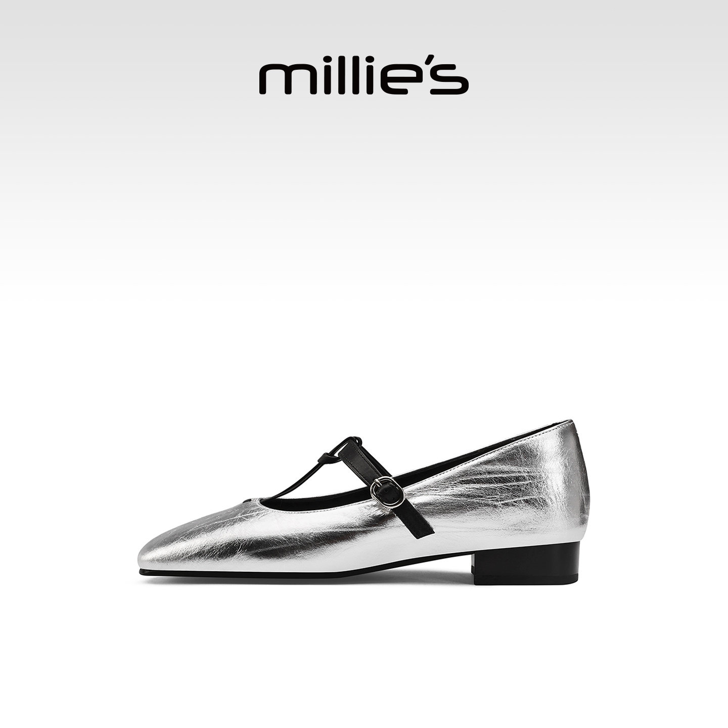 MILLIE'S/妙丽银色复古风玛丽珍鞋女法式复古方头一字扣平底单鞋Q,淘宝优惠券,粉丝福利购,淘宝优惠卷