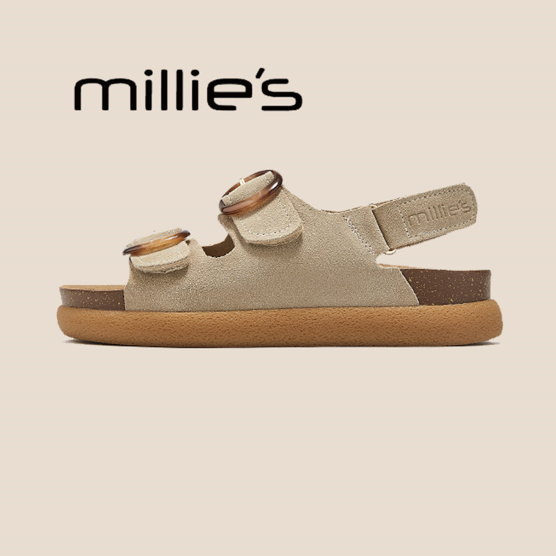 妙丽真皮厚底勃肯凉鞋女夏季新款罗马鞋魔术贴百搭休闲运动沙滩鞋,淘宝优惠券,粉丝福利购,淘宝优惠卷