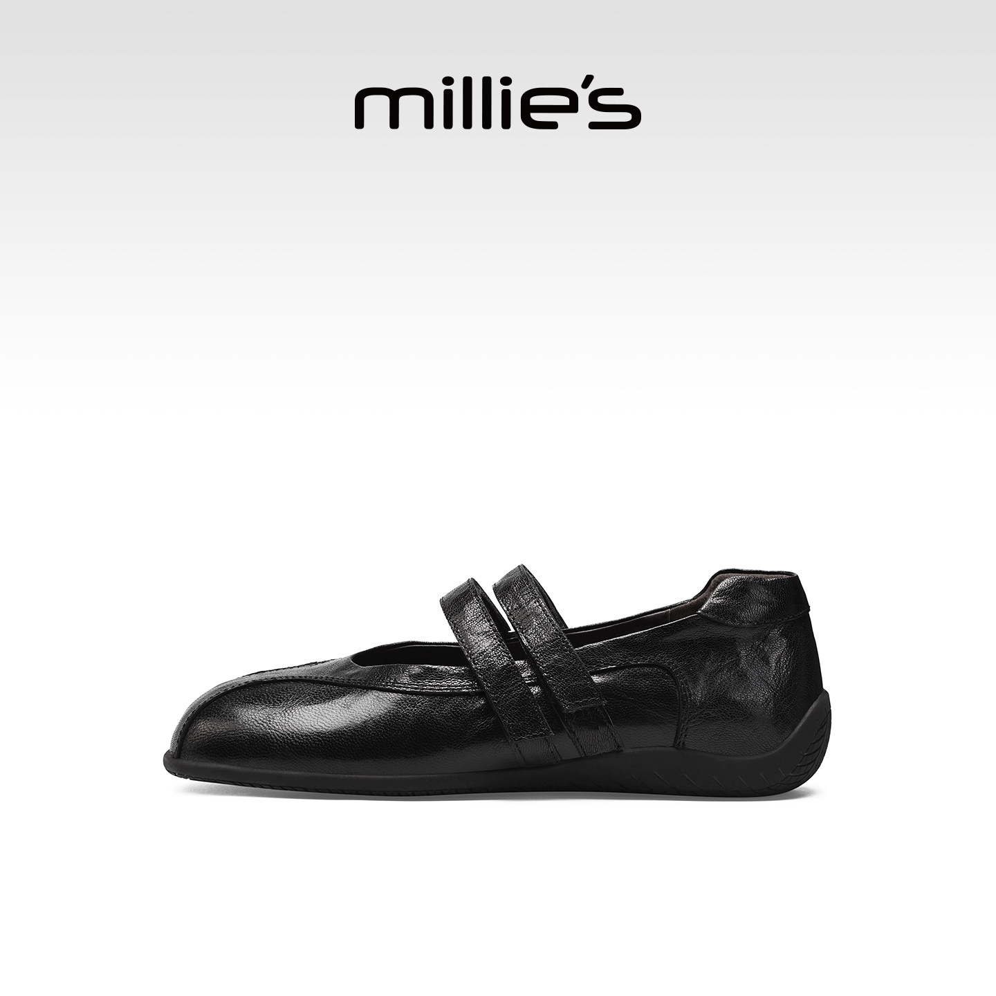 MILLIE'S/妙丽芭蕾玛丽珍鞋女黑色真皮平底魔术贴百搭休闲单鞋Z,淘宝优惠券,粉丝福利购,淘宝优惠卷