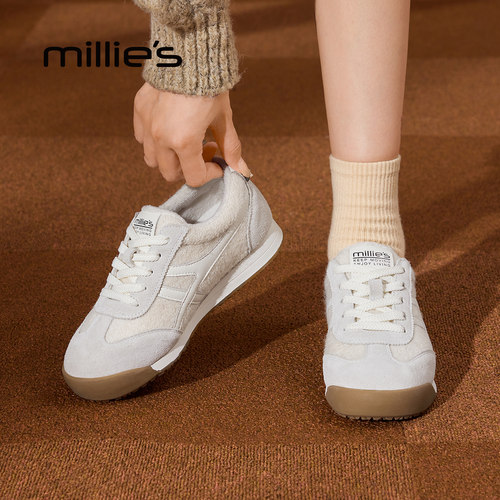 MILLIE'S/妙丽复古德训鞋女真皮百搭系带平底休闲运动鞋小白鞋Z - 图1