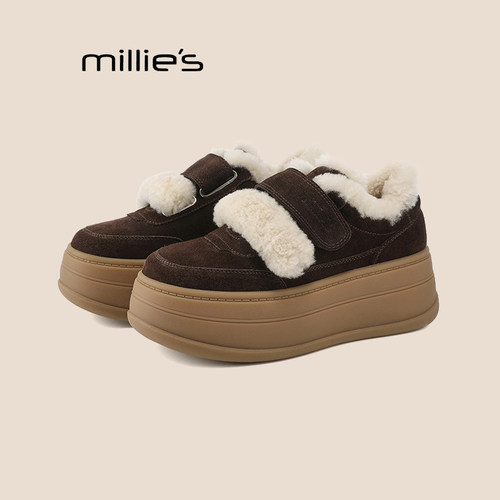 MILLIE'S/妙丽增高毛毛潮鞋冬季羊羔毛厚底鞋女休闲加绒保暖棉鞋Q - 图1