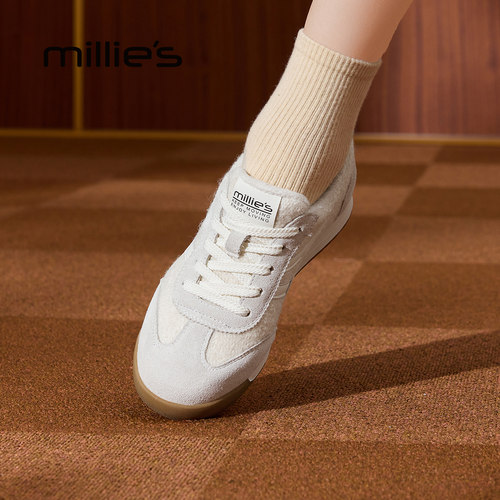MILLIE'S/妙丽复古德训鞋女真皮百搭系带平底休闲运动鞋小白鞋Z - 图3
