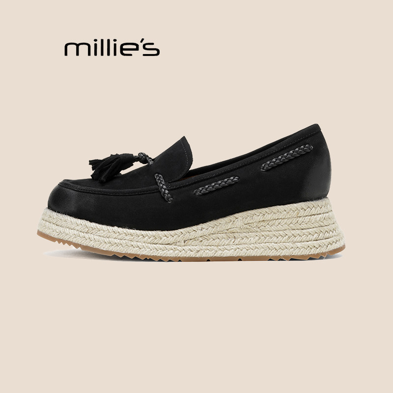 MILLIE'S/妙丽流苏厚底乐福鞋女款新款草编一脚蹬英伦风小皮鞋秋,淘宝优惠券,粉丝福利购,淘宝优惠卷