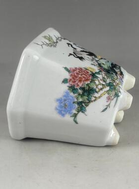 景德镇陶瓷器粉彩花盆松鹤迎春六方花盆花鸟图盆家居装饰摆件