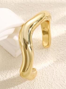 Bangle Bracelet欧美金属风波浪线开口手镯轻奢个性潮流夸张手环