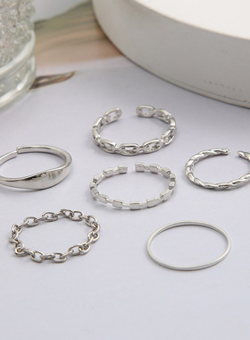 Ring Jewelry简约素圈戒指6件套ins女冷淡风尾戒开口可调节关节戒