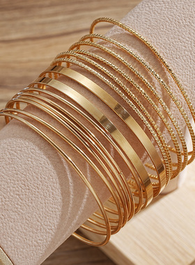 Bracelet Sets Jewelry个性夸张宽面手镯金色光面手环链多件套装
