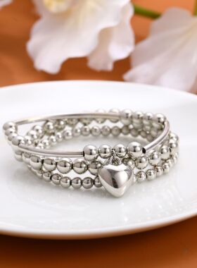 Bracelets Sets欧美饰品手饰甜酷爱心吊坠圆珠串珠爱心手链3件套