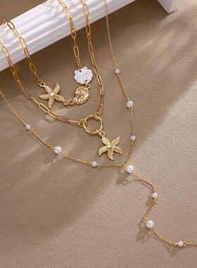 3件套度假仿珍珠海星贝壳海螺吊坠项链欧美个性气质项饰Necklace