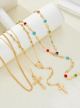 Women Choker Necklace欧美镶钻十字架吊坠项链流苏链叠戴锁骨链