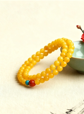 普陀山蜜蜡手串女款鸡油黄色琥珀南红绿松石多宝手链叠戴双圈手饰