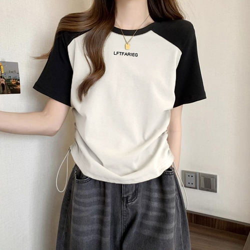 黑色正肩t恤女2026新款夏宽复古松收腰抽绳显瘦短袖插肩短款上衣 - 图1