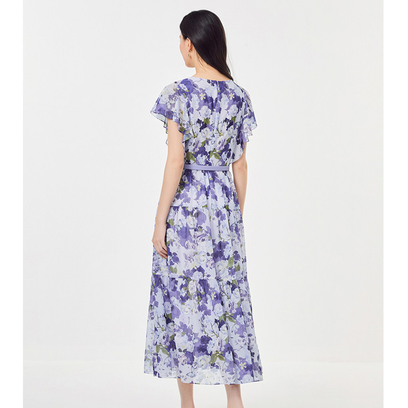 珂莱商场同款女装2025夏季新款紫色优雅收腰飘逸印花短袖连衣裙子