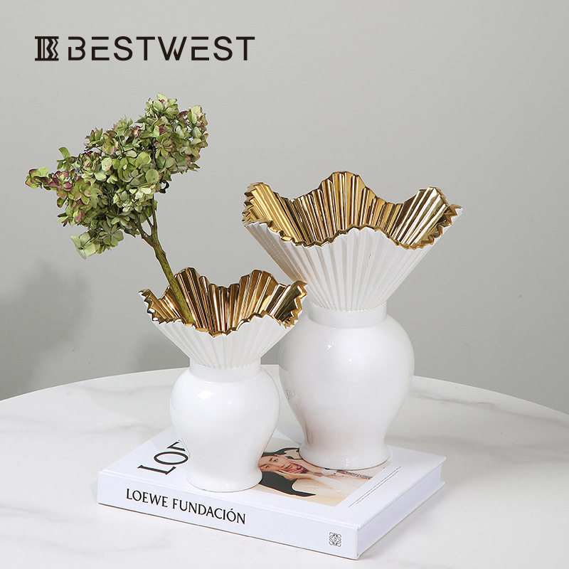 Best west 珠光白轻奢荷叶边陶瓷大肚花瓶家居玄关客厅桌面花器,淘宝优惠券,粉丝福利购,淘宝优惠卷