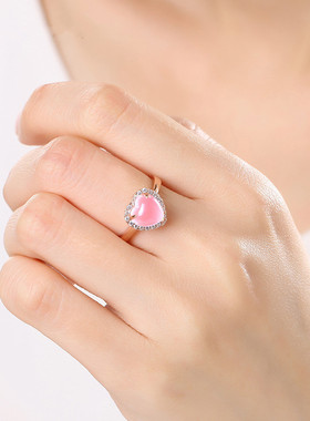 儿童戒指粉水晶芙蓉石爱心可爱猫咪戒指女孩公主开口调节时尚礼物