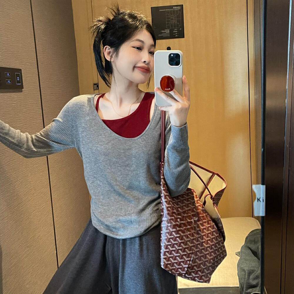 大码女装胖mm穿搭慵懒风显瘦假两件拼接撞色小众上衣ak