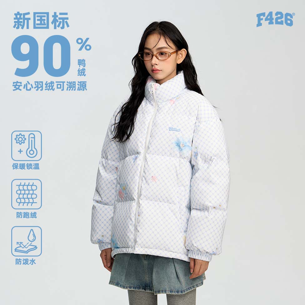 【羽绒系列】F426奥莱店国潮牌春季新款学院风雪国格子花卉羽绒服 - 图1