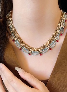 波西米亚多层蕾丝撞色小米珠项链
