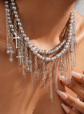 欧美复古仿珍珠串珠十字架项链