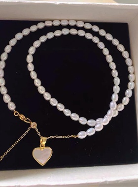 强光米粒珍珠18K镀金爱心项链