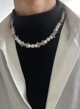 珍珠拼接荆棘项链男女ins嘻哈蹦迪土酷个性暗黑风几何锁骨链潮牌