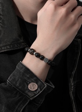 天然黑曜石手链2025新款檀珠纯银