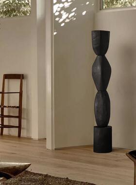 栗石侘寂风碳化木几何艺术装置客厅玄关黑色木雕塑装饰落地大摆件