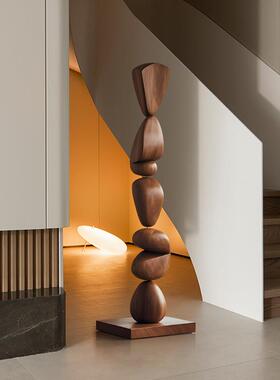 样板房客厅玄关落地摆件抽象实木雕塑装饰品酒店售楼处软装艺术品